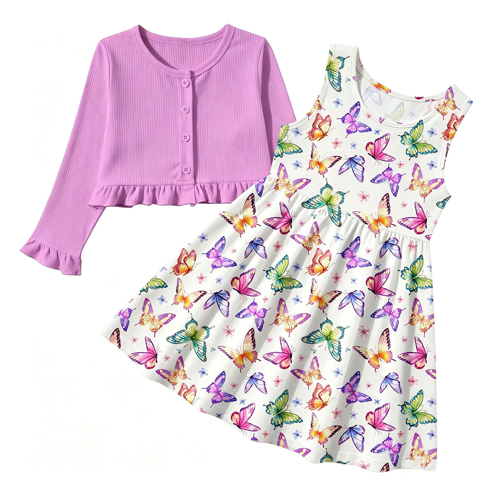 Lanbubble Toddler Girl Sleeveless Dresses and Long Sleeve Ruffle Cardigan 2 Piece Fall Outfits Set for 3-7T
