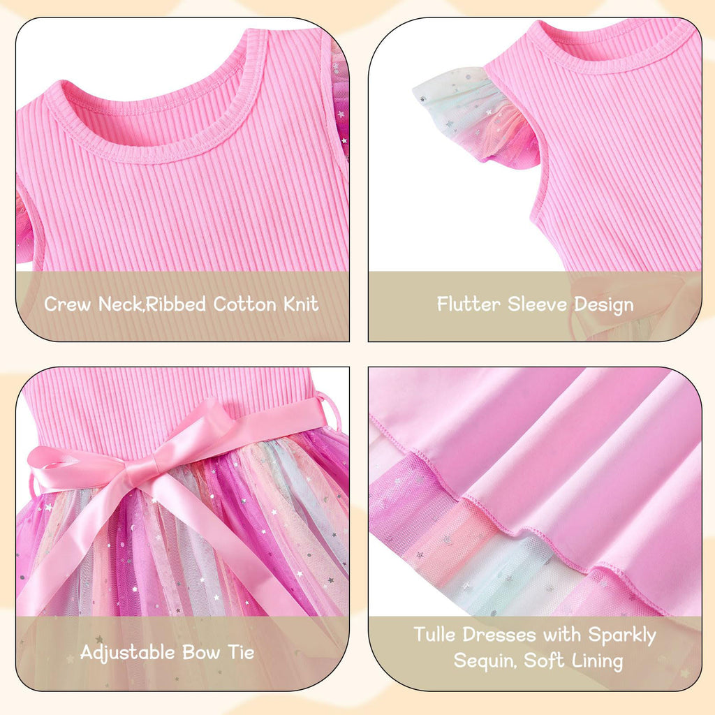 Lanbubble Toddler Baby Girls Rainbow Tutu Dresses Tulle Dress Party Princess Sequins Sundress Ruffle Sleeveless 2-6Years
