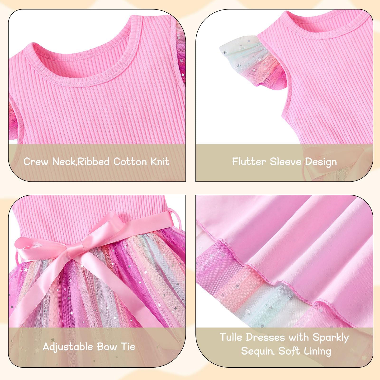 Lanbubble Toddler Baby Girls Rainbow Tutu Dresses Tulle Dress Party Princess Sequins Sundress Ruffle Sleeveless 2-6Years