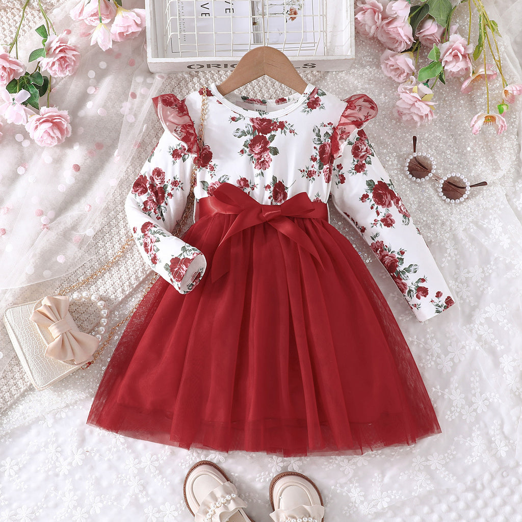 Lanbubble Toddler Girls Floral Tutu Dress Fluffy Ruffle Sleeve Dresses Casual Party Tulle Princess Sundress for Kids 3-7 Years