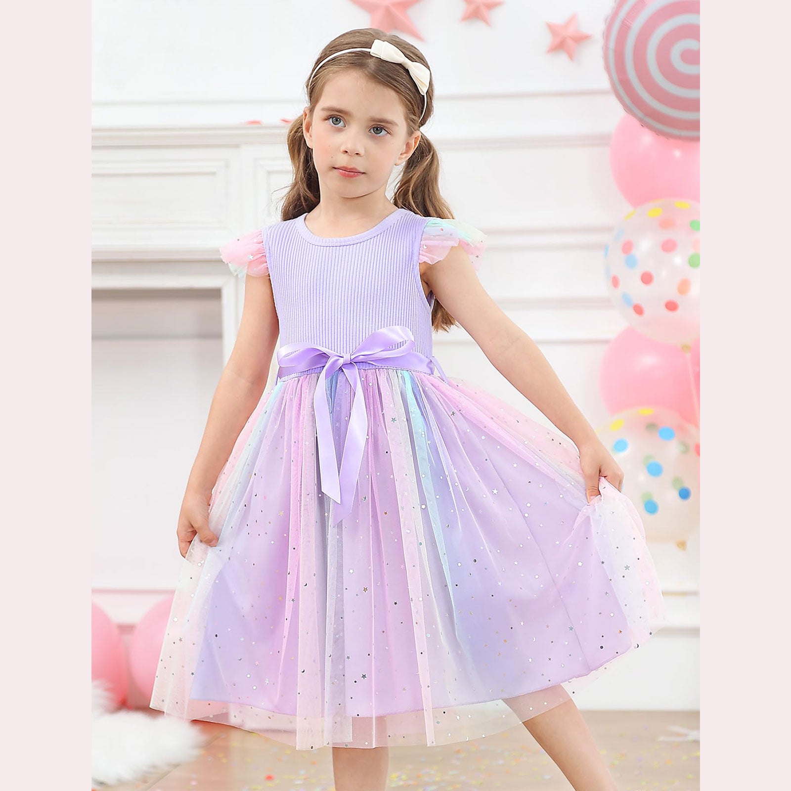 Lanbubble Toddler Baby Girls Rainbow Tutu Dresses Tulle Dress Party Princess Sequins Sundress Ruffle Sleeveless 2-6Years