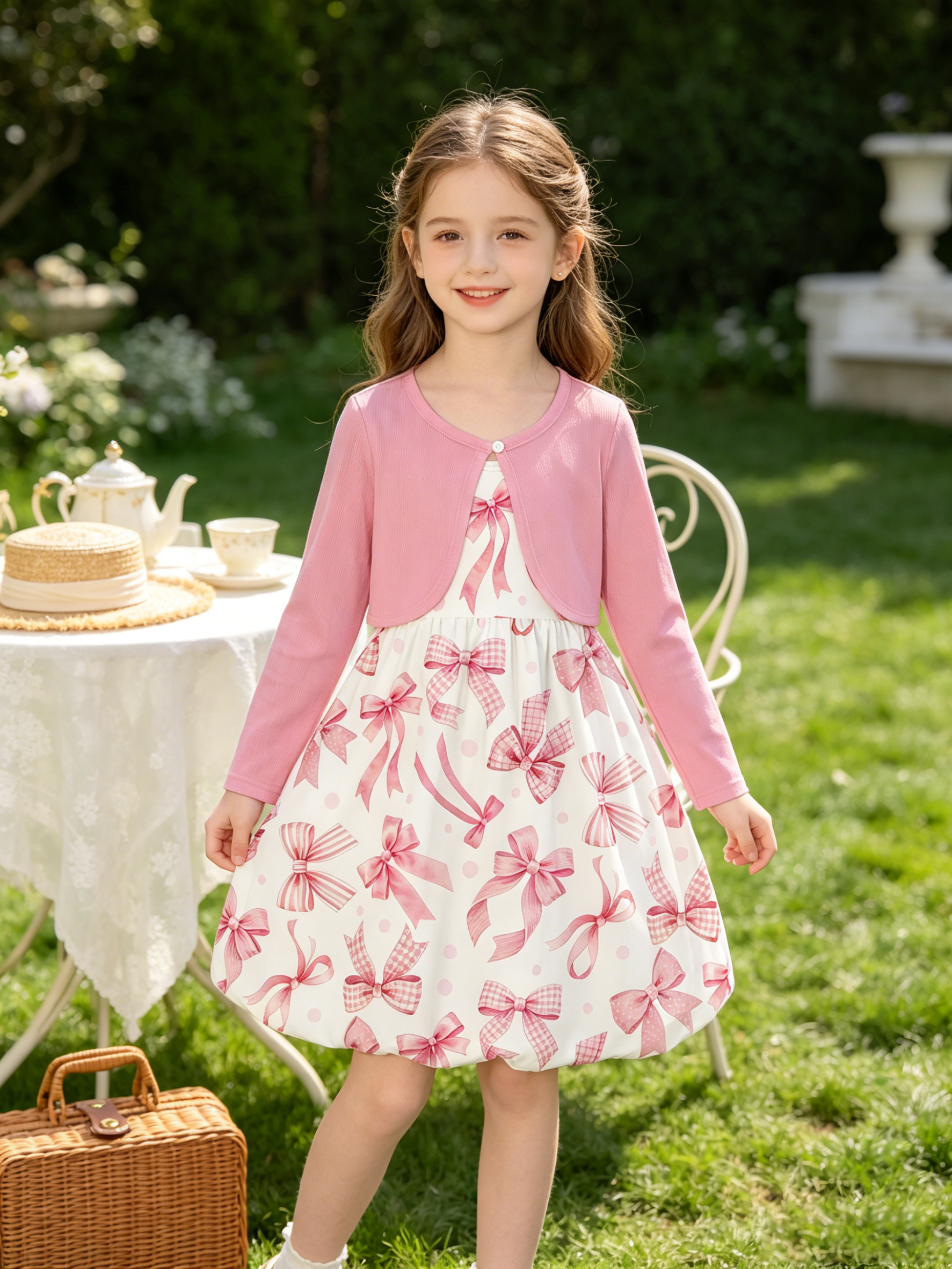 Lanbubble Girls 2 Piece Dress Set Sleeveless Bubble Dress with Cardigan & Side Pockets for Party Daily Wear Size 5-12Y