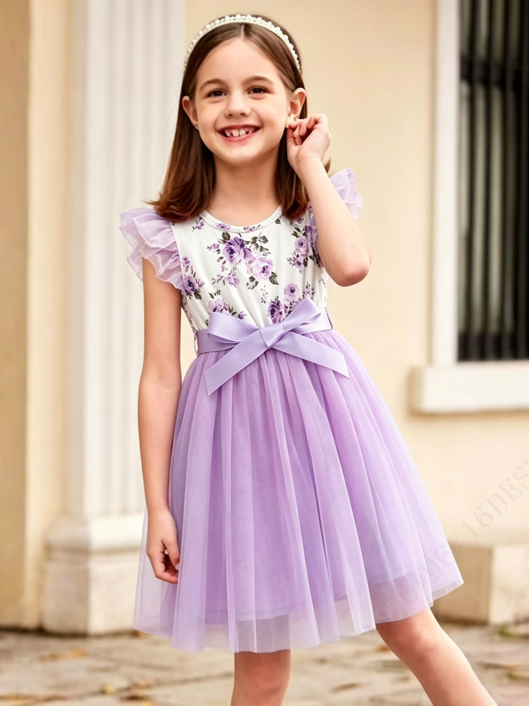 Lanbubble Toddler Girls Floral Tutu Dress Fluffy Ruffle Sleeve Dresses Casual Party Tulle Princess Sundress for Kids 3-7 Years