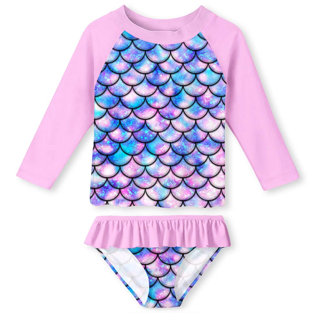 Lanbubble Toddler Girls Rash Guard Swimsuit Set Kids 2-Piece Bathing Suit UPF 50+ Long Sleeve Summer Beach Swimwear 2-9Y