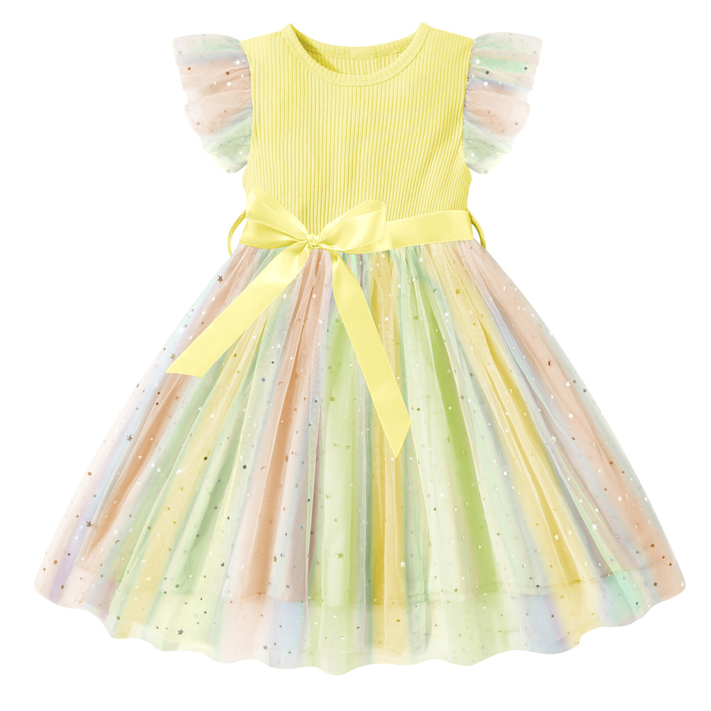 Lanbubble Toddler Baby Girls Rainbow Tutu Dresses Tulle Dress Party Princess Sequins Sundress Ruffle Sleeveless 2-6Years