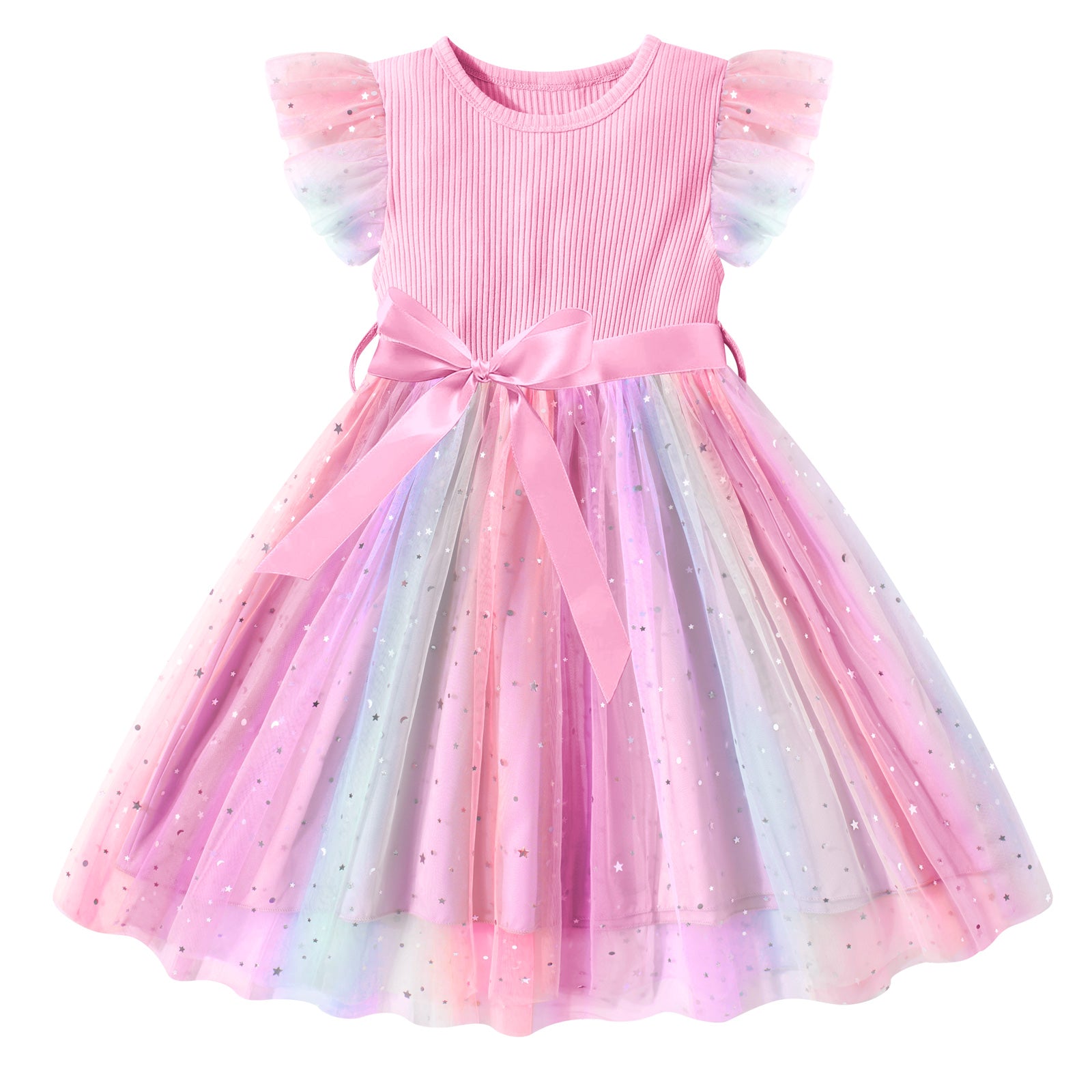 Lanbubble Toddler Baby Girls Rainbow Tutu Dresses Tulle Dress Party Princess Sequins Sundress Ruffle Sleeveless 2-6Years