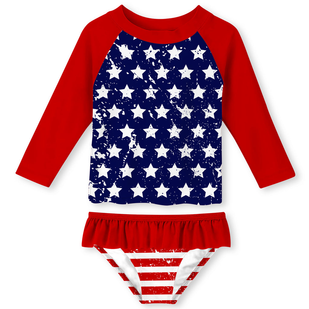 Lanbubble Toddler Girls Rash Guard Swimsuit Set Kids 2-Piece Bathing Suit UPF 50+ Long Sleeve Summer Beach Swimwear 2-9Y