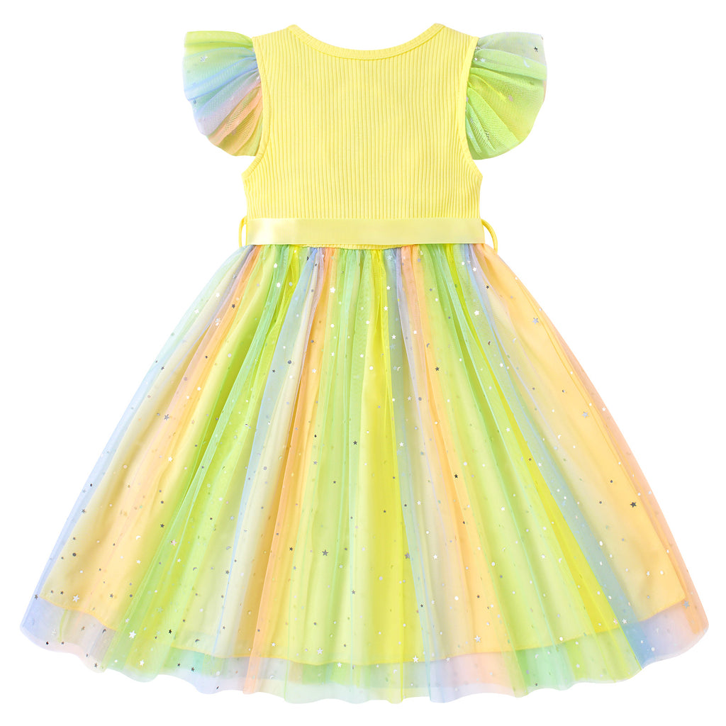 Lanbubble Toddler Baby Girls Rainbow Tutu Dresses Tulle Dress Party Princess Sequins Sundress Ruffle Sleeveless 2-6Years