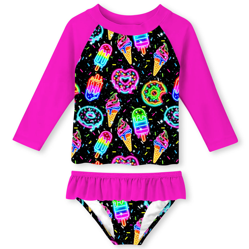 Lanbubble Toddler Girls Rash Guard Swimsuit Set Kids 2-Piece Bathing Suit UPF 50+ Long Sleeve Summer Beach Swimwear 2-9Y