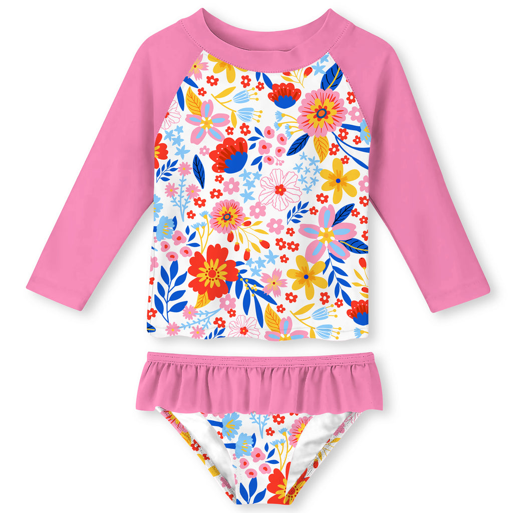 Lanbubble Toddler Girls Rash Guard Swimsuit Set Kids 2-Piece Bathing Suit UPF 50+ Long Sleeve Summer Beach Swimwear 2-9Y