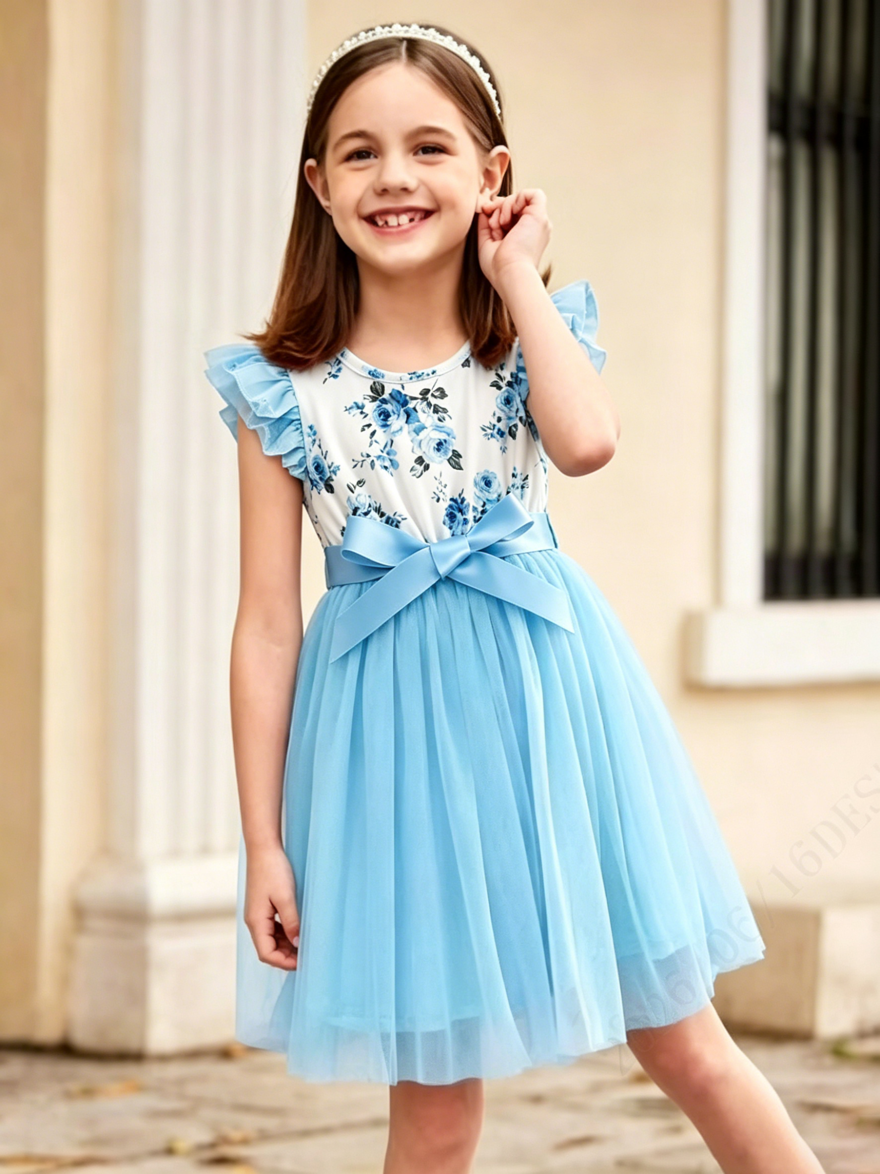 Lanbubble Toddler Girls Floral Tutu Dress Fluffy Ruffle Sleeve Dresses Casual Party Tulle Princess Sundress for Kids 3-7 Years