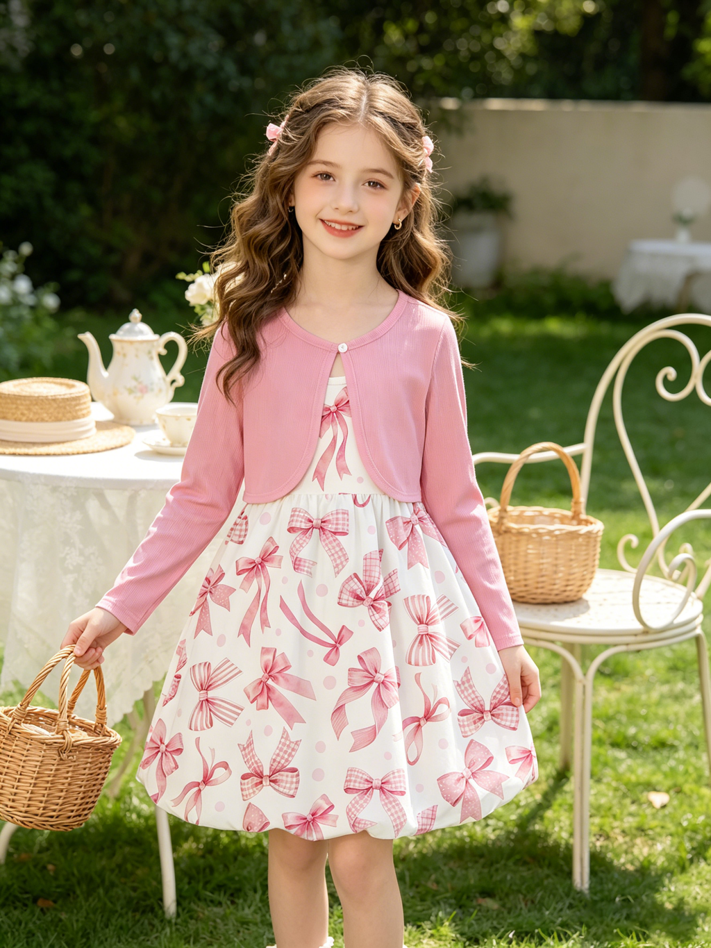 Lanbubble Girls 2 Piece Dress Set Sleeveless Bubble Dress with Cardigan & Side Pockets for Party Daily Wear Size 5-12Y