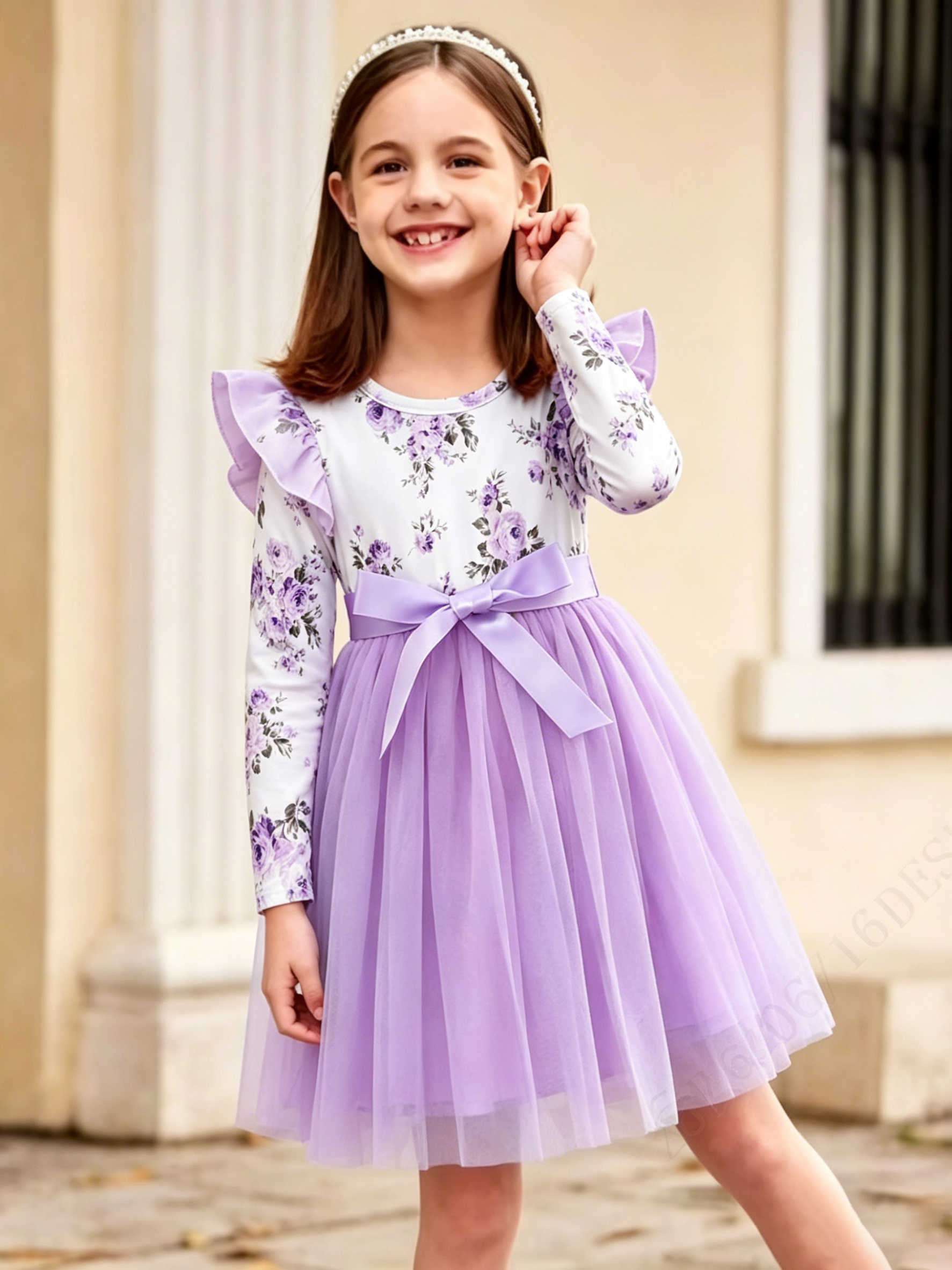 Lanbubble Toddler Girls Floral Tutu Dress Fluffy Ruffle Sleeve Dresses Casual Party Tulle Princess Sundress for Kids 3-7 Years