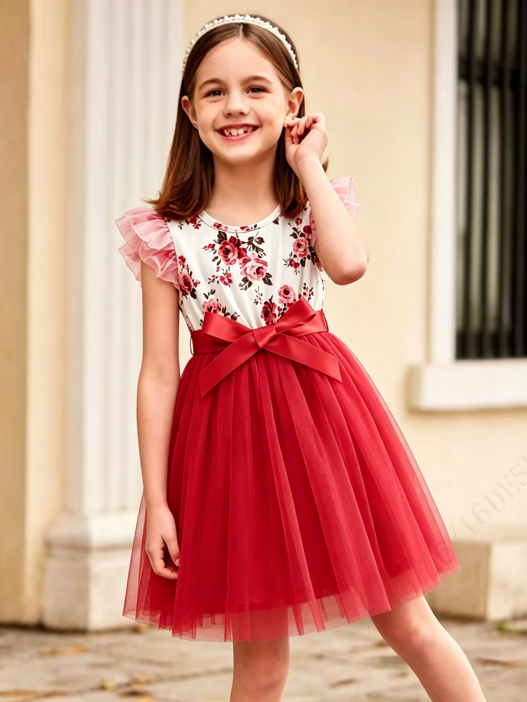 Lanbubble Toddler Girls Floral Tutu Dress Fluffy Ruffle Sleeve Dresses Casual Party Tulle Princess Sundress for Kids 3-7 Years