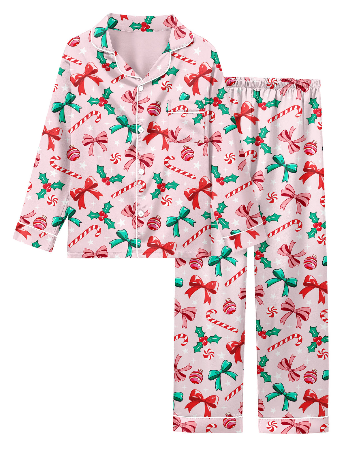Lanbubble Girls Christmas Pajama Set Silky Satin Feel Long Sleeve Button Down Holiday Sleepwear with Elastic Waist Pants Size 5-14Y