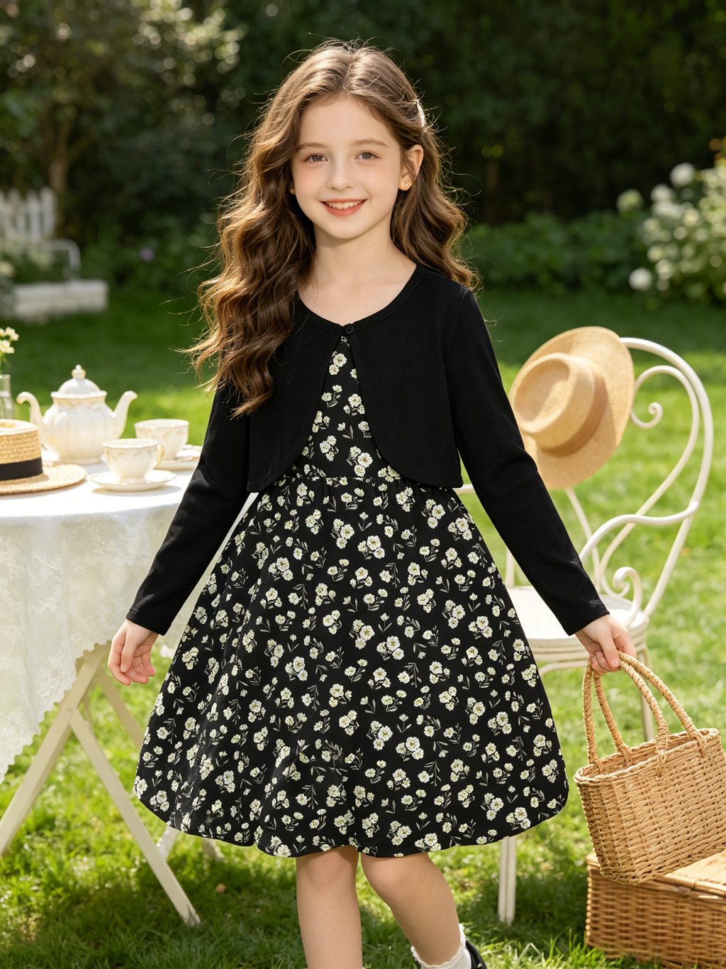 Lanbubble Girls 2 Piece Dress Set Sleeveless Bubble Dress with Cardigan & Side Pockets for Party Daily Wear Size 5-12Y