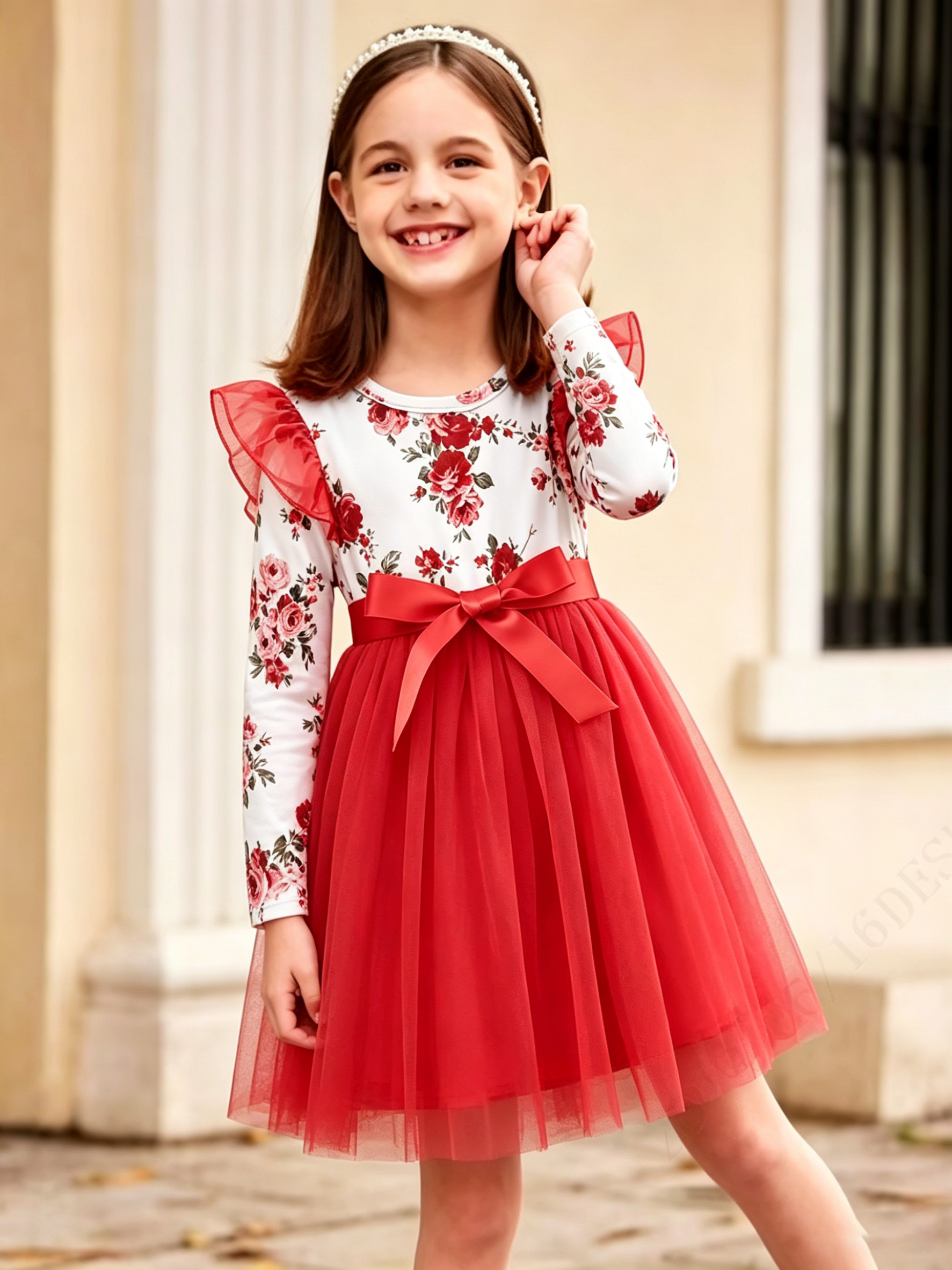 Lanbubble Toddler Girls Floral Tutu Dress Fluffy Ruffle Sleeve Dresses Casual Party Tulle Princess Sundress for Kids 3-7 Years
