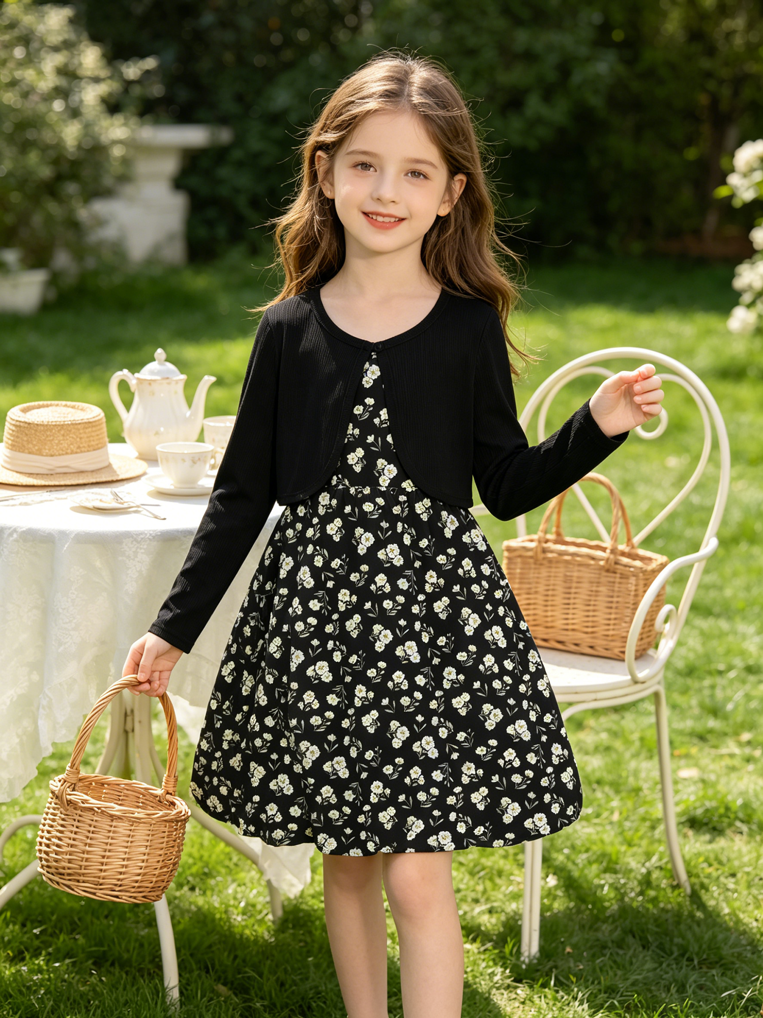 Lanbubble Girls 2 Piece Dress Set Sleeveless Bubble Dress with Cardigan & Side Pockets for Party Daily Wear Size 5-12Y