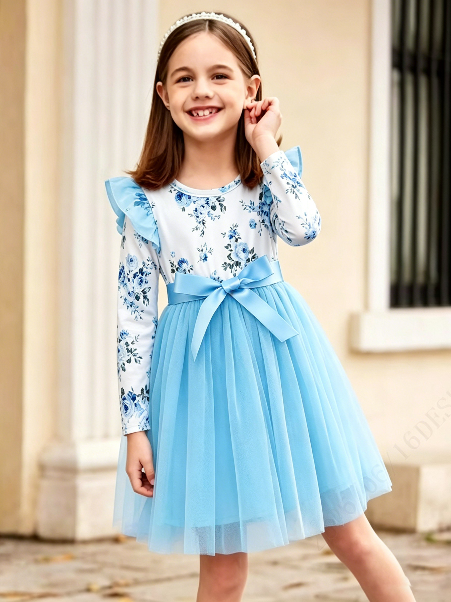 Lanbubble Toddler Girls Floral Tutu Dress Fluffy Ruffle Sleeve Dresses Casual Party Tulle Princess Sundress for Kids 3-7 Years