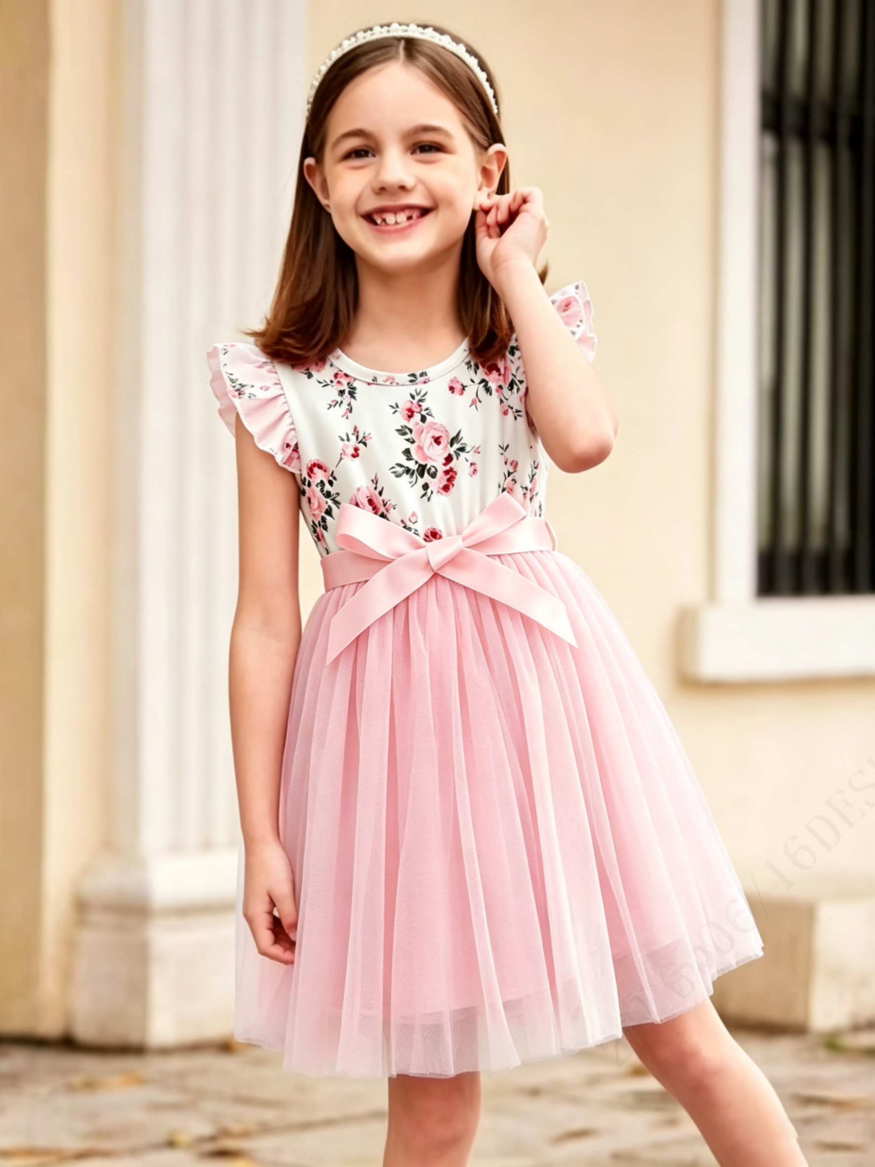 Lanbubble Toddler Girls Floral Tutu Dress Fluffy Ruffle Sleeve Dresses Casual Party Tulle Princess Sundress for Kids 3-7 Years