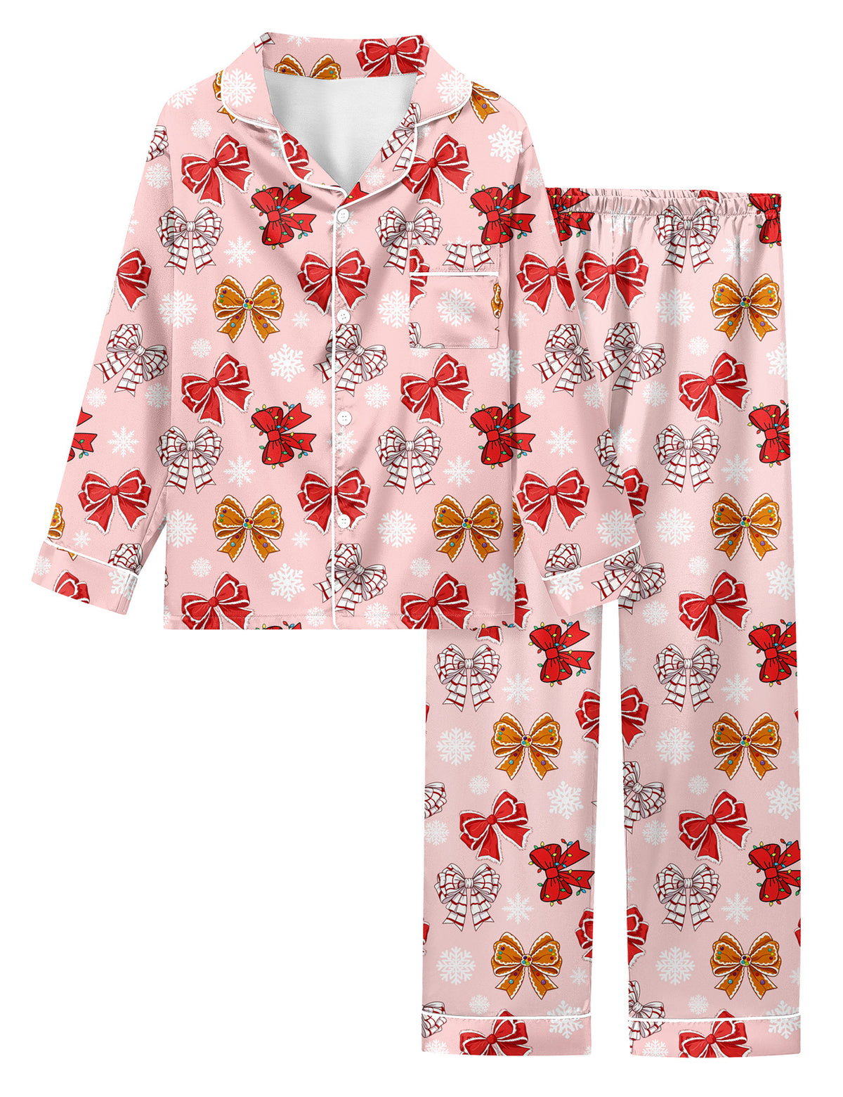 Lanbubble Girls Christmas Pajama Set Silky Satin Feel Long Sleeve Button Down Holiday Sleepwear with Elastic Waist Pants Size 5-14Y