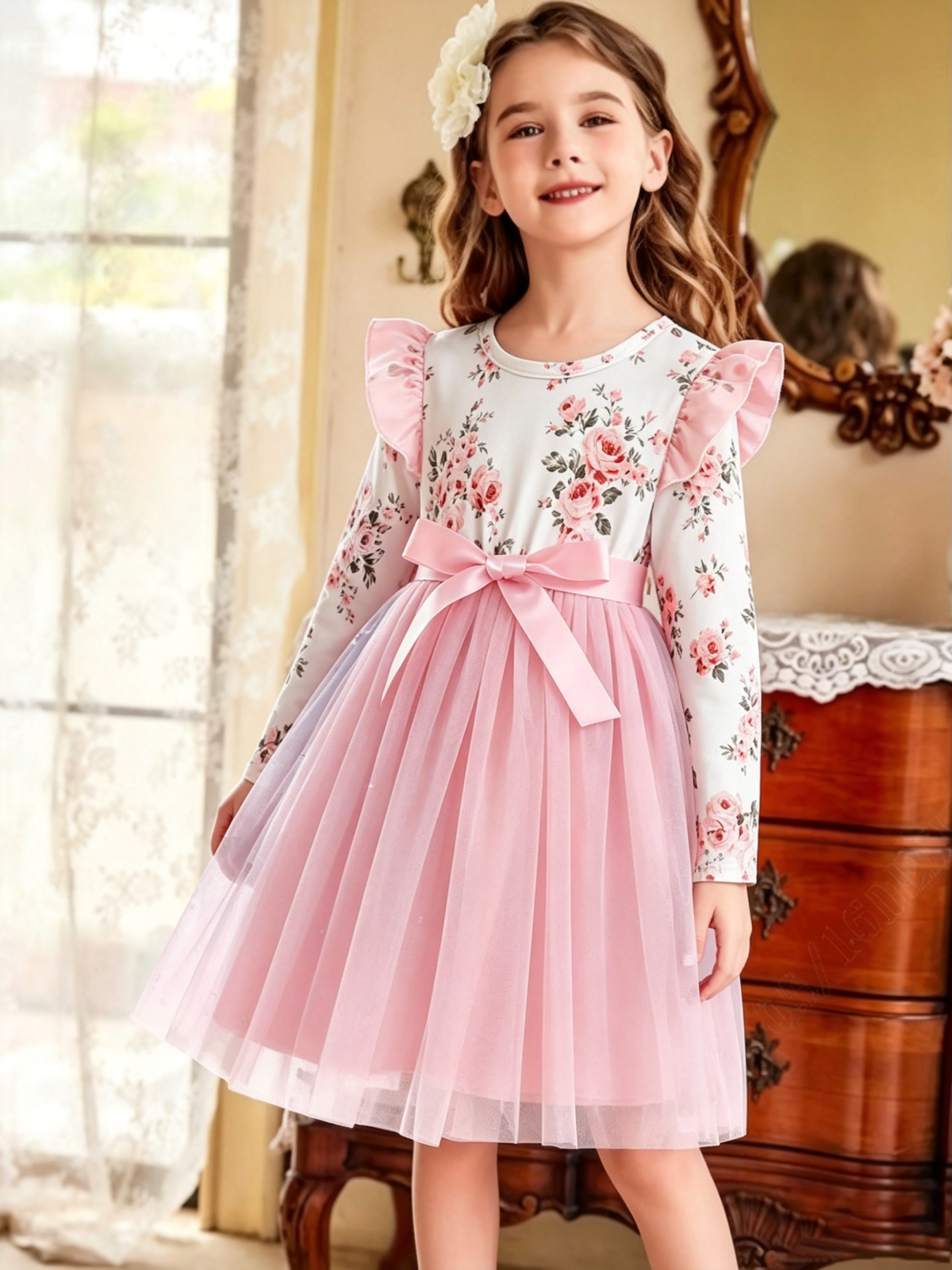 Lanbubble Girls Floral Tutu Dress Long Sleeve Tulle Princess Party Dress 3-7 Years