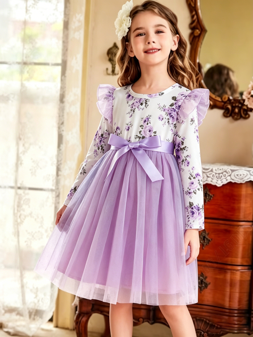 Lanbubble Girls Floral Tutu Dress Long Sleeve Tulle Princess Party Dress 3-7 Years