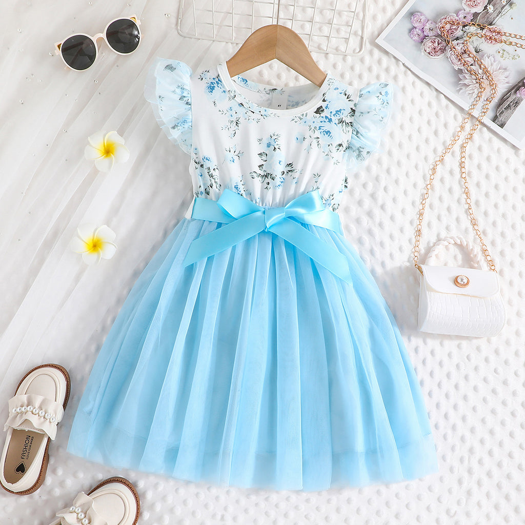Lanbubble Toddler Girls Floral Tutu Dress Fluffy Ruffle Sleeve Dresses Casual Party Tulle Princess Sundress for Kids 3-7 Years