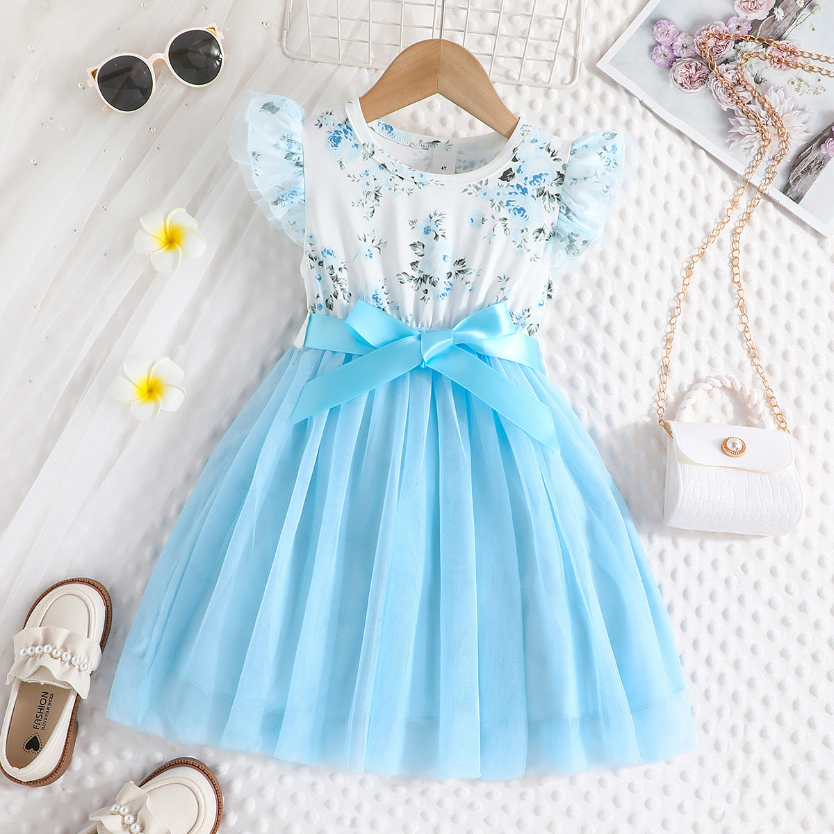 Lanbubble Toddler Girls Floral Tutu Dress Fluffy Ruffle Sleeve Dresses Casual Party Tulle Princess Sundress for Kids 3-7 Years