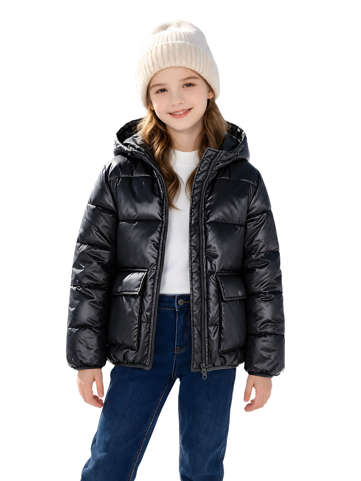 Lanbubble Girls Shiny Puffer Jacket Hooded Winter Coat Warm Outerwear for Kids 7-14Y