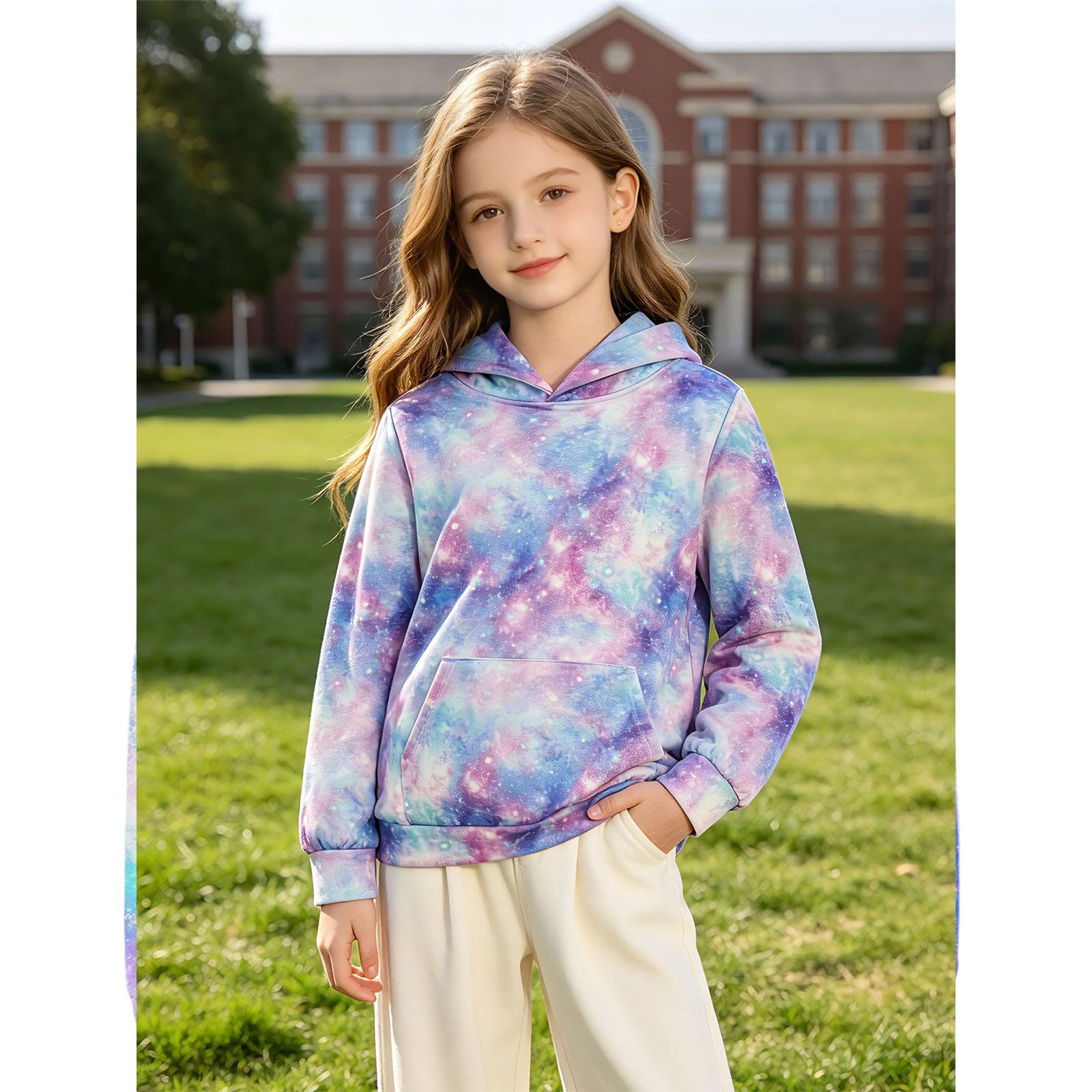 Lanbubble Unisex Kids Sweatshirt For Girls 4-14 Years Tie Dye Cat Hooded Kangaroo Pocket Pullover Hoodies