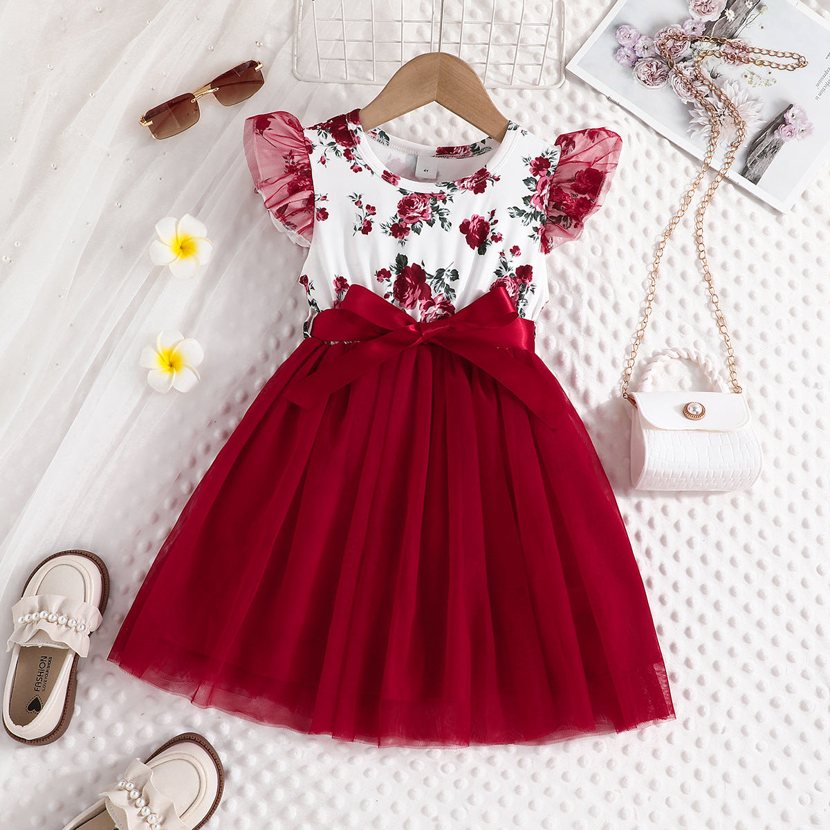 Lanbubble Toddler Girls Floral Tutu Dress Fluffy Ruffle Sleeve Dresses Casual Party Tulle Princess Sundress for Kids 3-7 Years