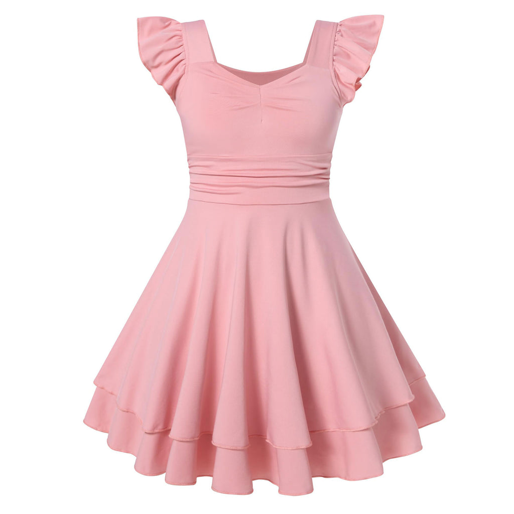 Lanbubble Girls Ruched Dresses Ruffle Sleeve Teens Tiered Swing A-line Teen Dress 8-16 Years