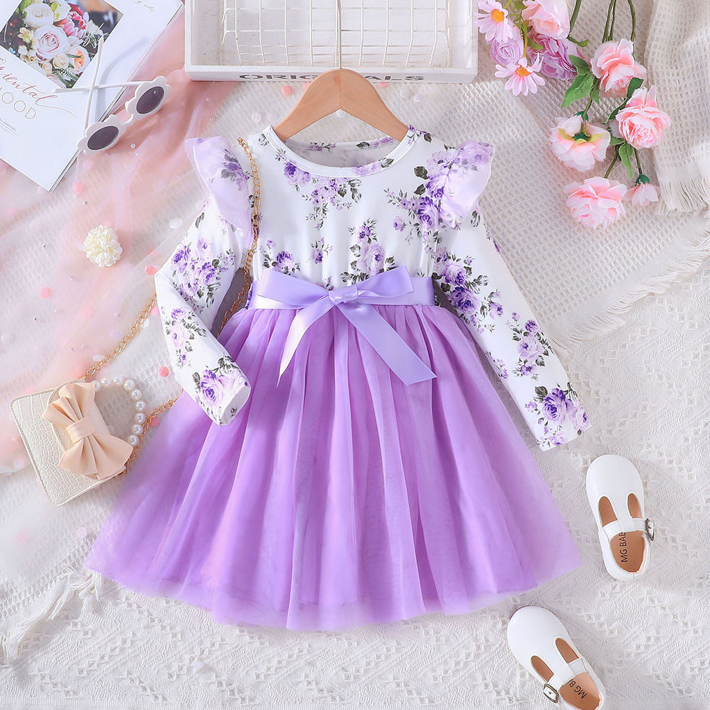 Lanbubble Toddler Girls Floral Tutu Dress Fluffy Ruffle Sleeve Dresses Casual Party Tulle Princess Sundress for Kids 3-7 Years