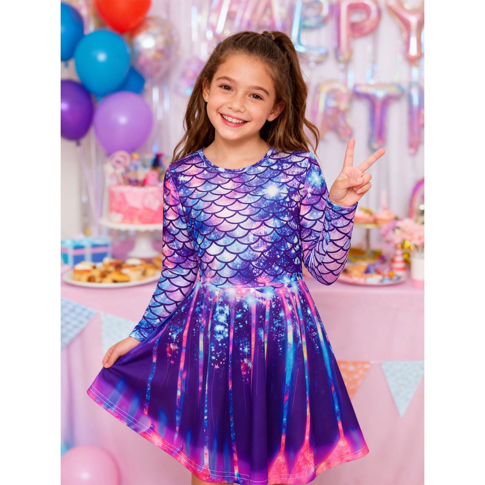 Lanbubble Girls Long Sleeve Dress Mermaid Printed Casual Dress Twirly Skater Dresses 5-13 Years