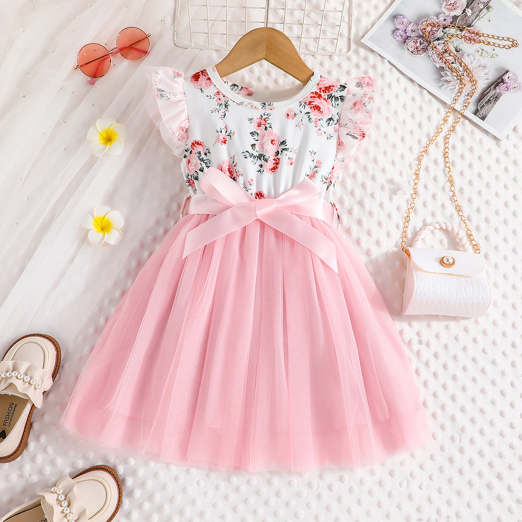 Lanbubble Toddler Girls Floral Tutu Dress Fluffy Ruffle Sleeve Dresses Casual Party Tulle Princess Sundress for Kids 3-7 Years