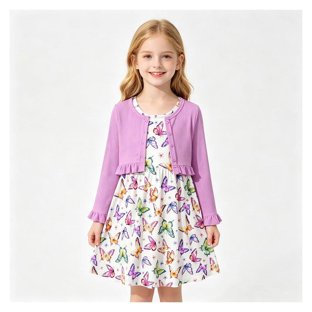 Lanbubble Toddler Girl Sleeveless Dresses and Long Sleeve Ruffle Cardigan 2 Piece Fall Outfits Set for 3-7T