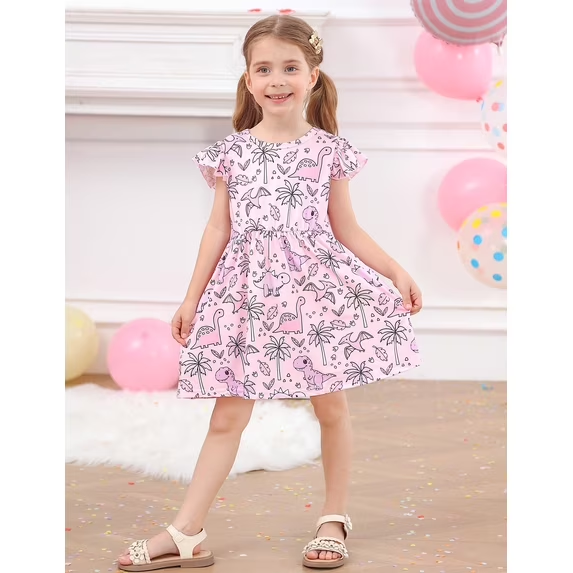 Lanbubble Toddler Girls Dress Summer Casual Sundress Ruffle Flutter Sleeveless Dinosaur Dresses 5-6 Years
