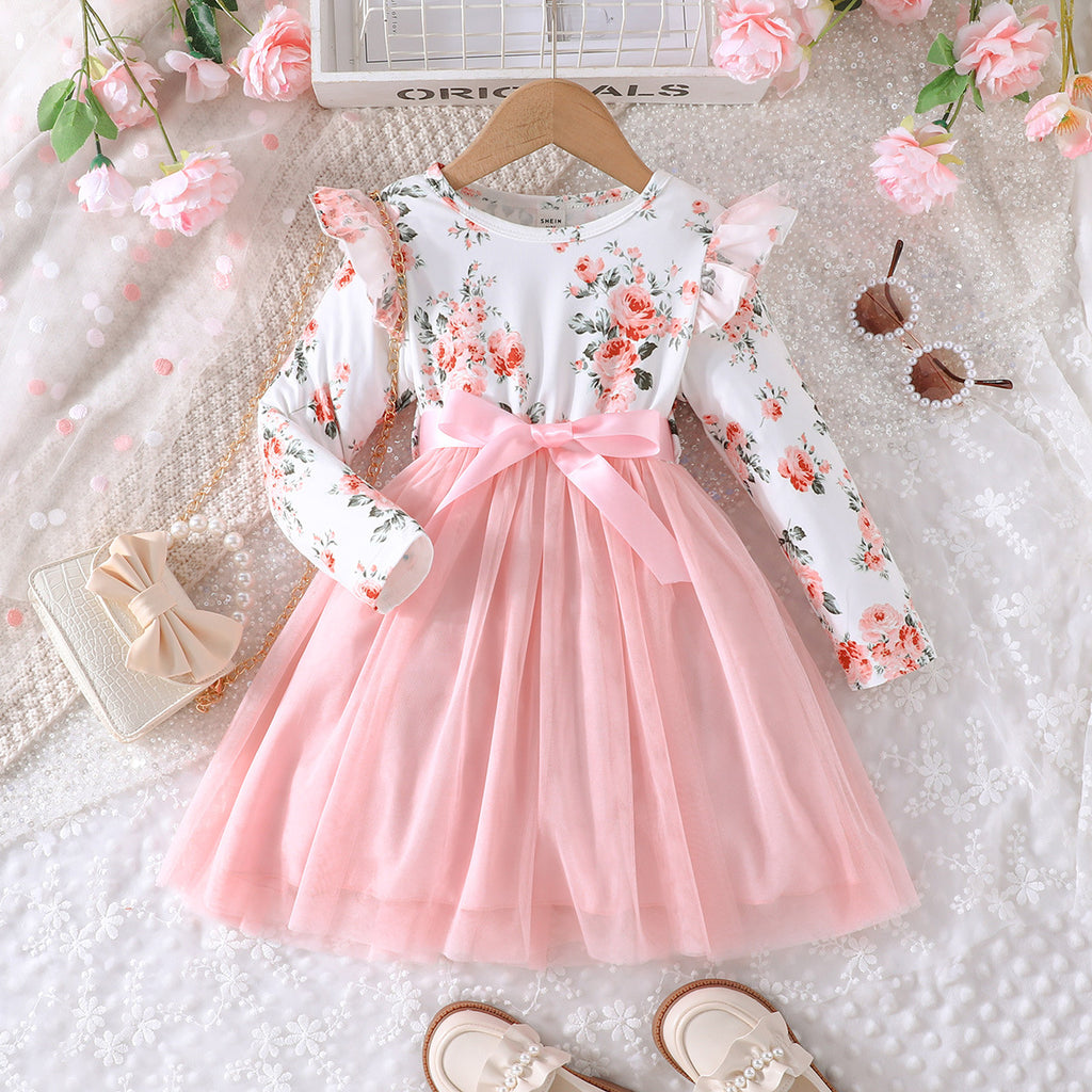 Lanbubble Toddler Girls Floral Tutu Dress Fluffy Ruffle Sleeve Dresses Casual Party Tulle Princess Sundress for Kids 3-7 Years