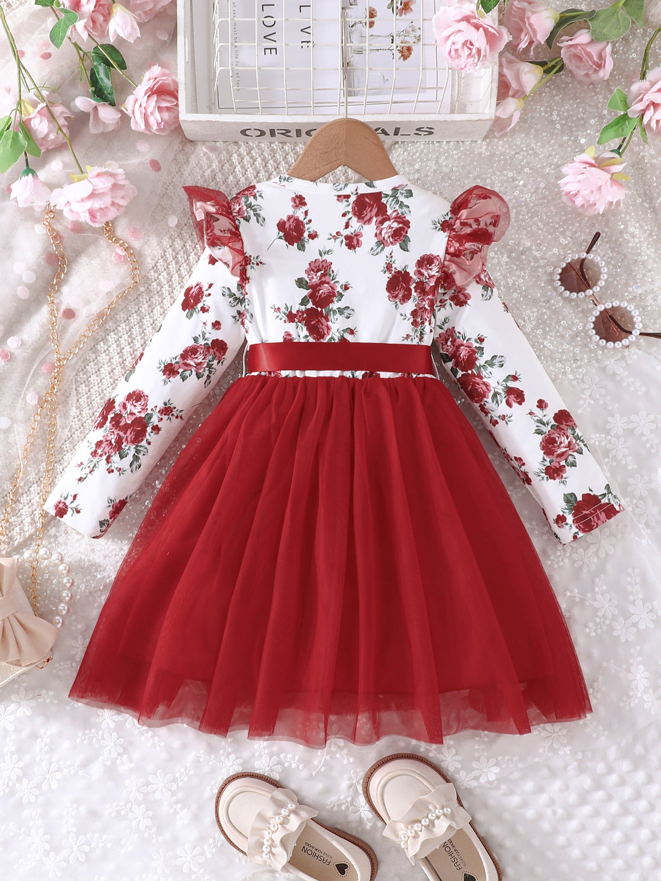 Lanbubble Toddler Girls Floral Tutu Dress Fluffy Ruffle Sleeve Dresses Casual Party Tulle Princess Sundress for Kids 3-7 Years