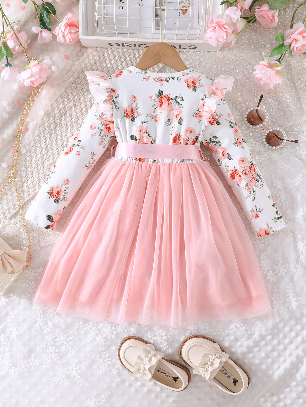 Lanbubble Toddler Girls Floral Tutu Dress Fluffy Ruffle Sleeve Dresses Casual Party Tulle Princess Sundress for Kids 3-7 Years