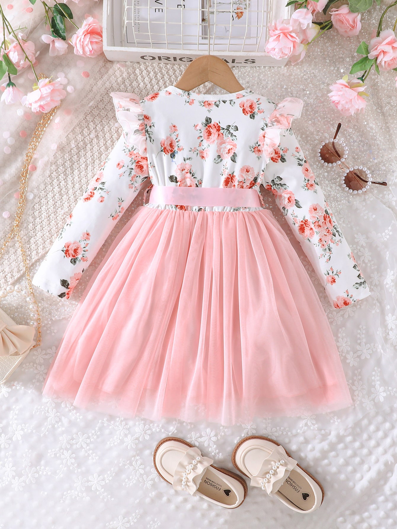 Lanbubble Toddler Girls Floral Tutu Dress Fluffy Ruffle Sleeve Dresses Casual Party Tulle Princess Sundress for Kids 3-7 Years