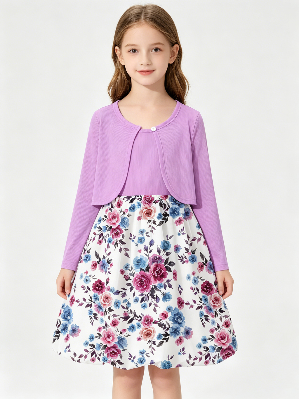 Lanbubble Girls 2 Piece Dress Set Sleeveless Bubble Dress with Cardigan & Side Pockets for Party Daily Wear Size 5-12Y