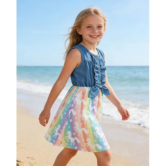 Lanbubble Girls Dresses Sleeveless Denim Dress Ruffle Bowknot Front A-Line Casual Sundress Rainbow Unicorn Dress for Kids 2-8T