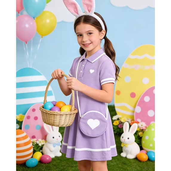 Lanbubble Toddler Girls Sporty Tennis Dress With Bag Short Sleeve Casual Polo Dress Purple Dress For Girls 3-7 Years