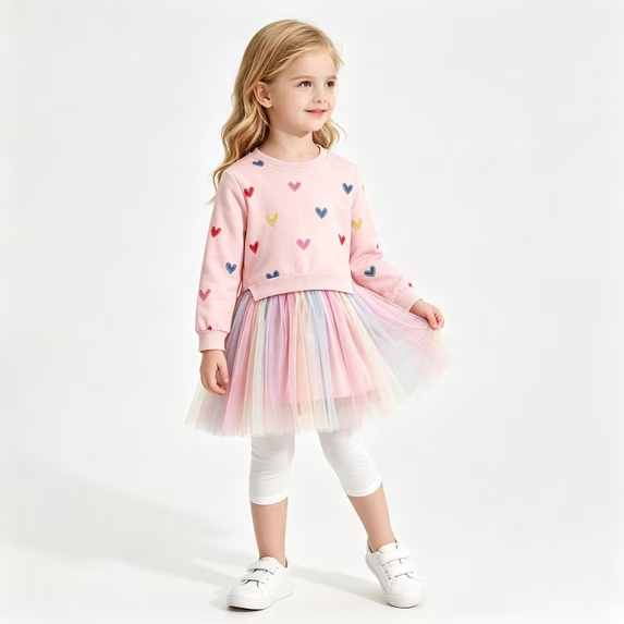 Lanbubble Girls Dresses Long Sleeve Sweat Party Dress With Sequin Tulle Skirt 3-7 Years
