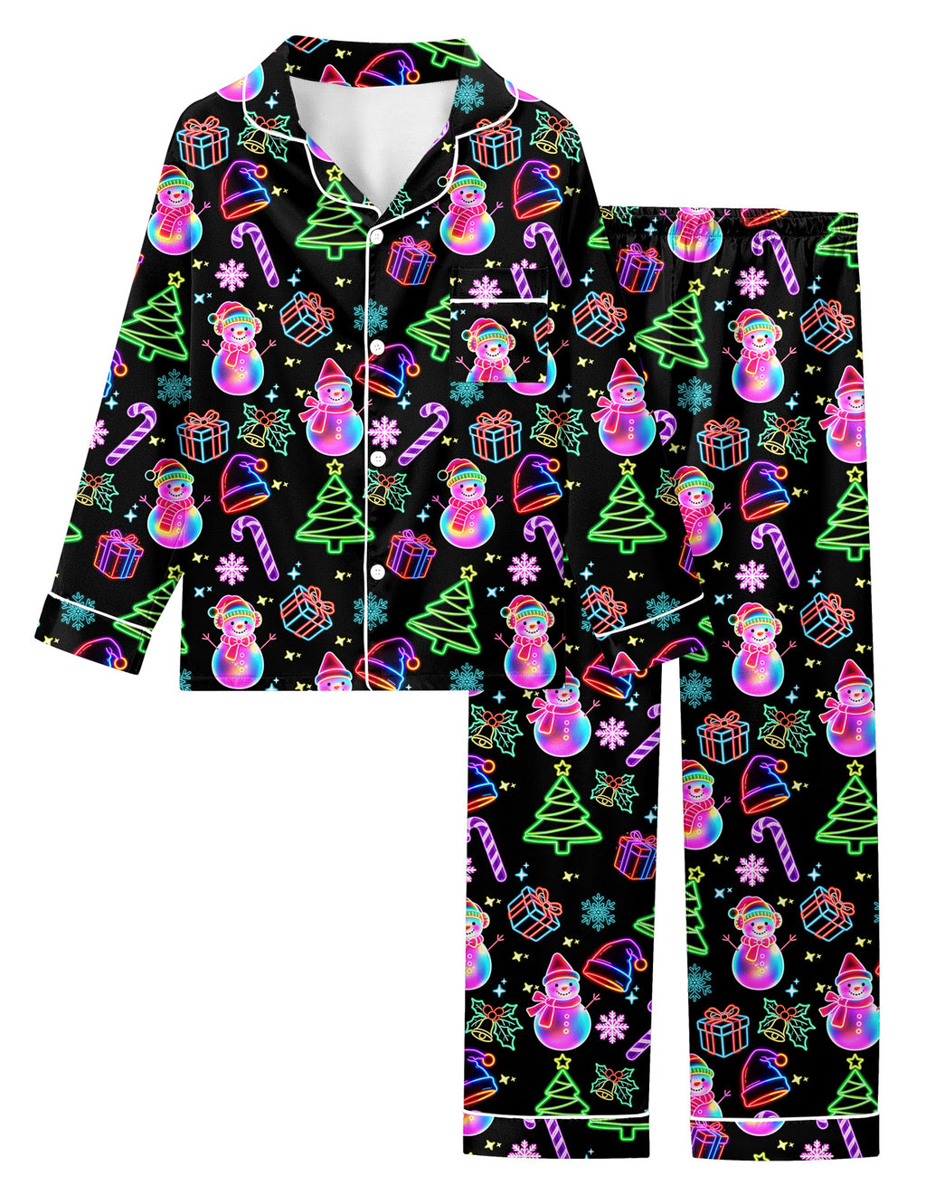 Lanbubble Girls Christmas Pajama Set Silky Satin Feel Long Sleeve Button Down Holiday Sleepwear with Elastic Waist Pants Size 5-14Y