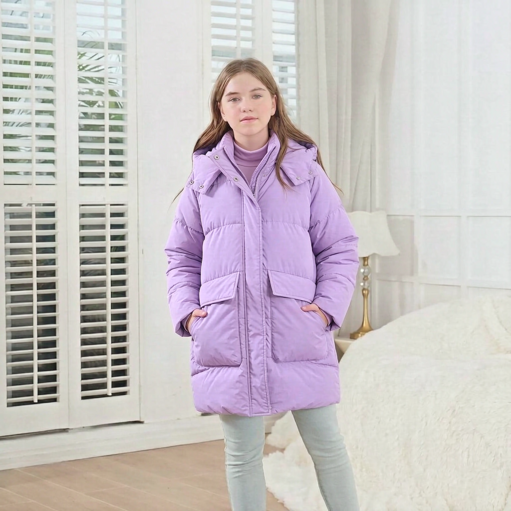 Lanbubble Girls Winter Coat Hooded Puffer Jacket Mid-Lenght Outerwear with Large Pockets 7-14Y
