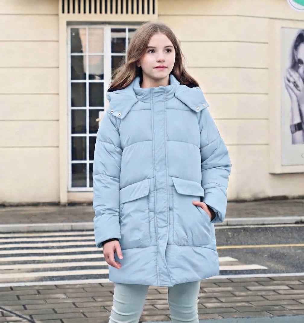 Lanbubble Girls Winter Coat Hooded Puffer Jacket Mid-Lenght Outerwear with Large Pockets 7-14Y