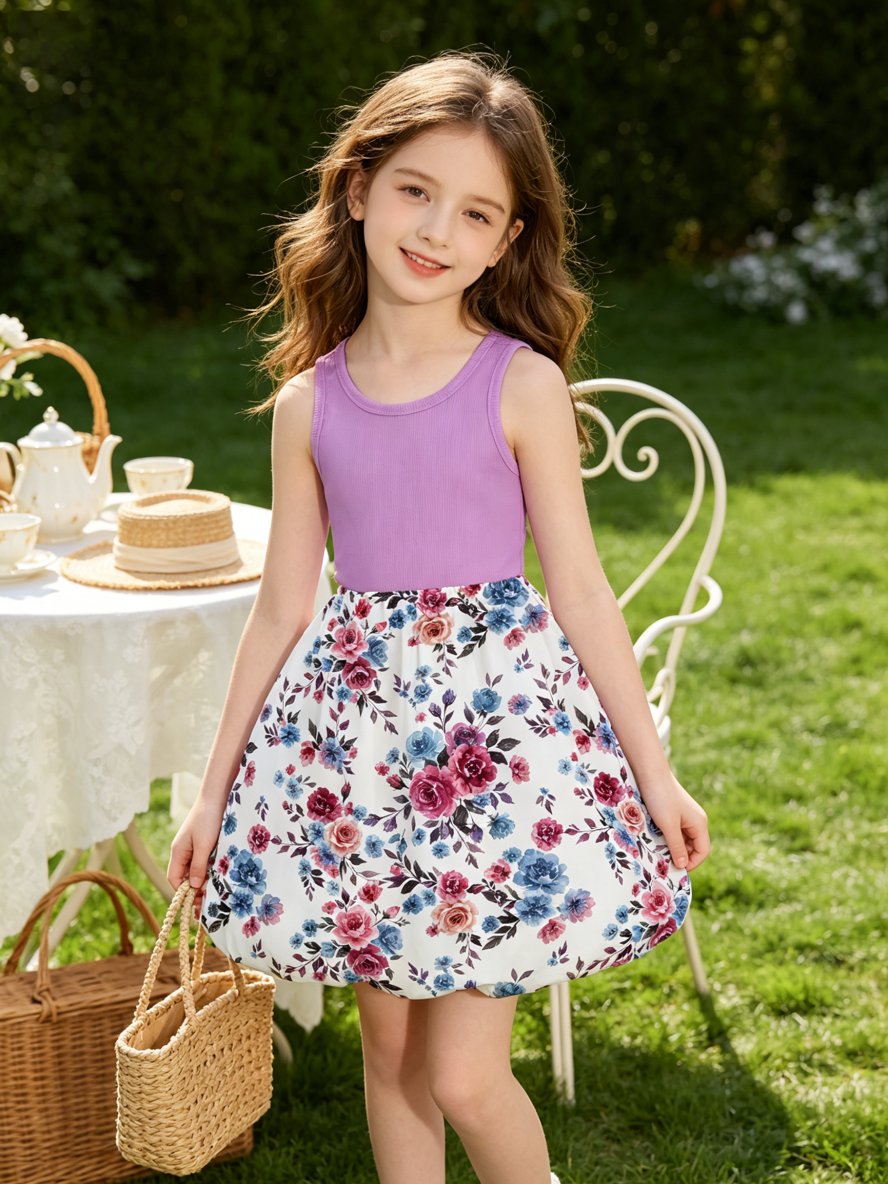 Lanbubble Girls 2 Piece Dress Set Sleeveless Bubble Dress with Cardigan & Side Pockets for Party Daily Wear Size 5-12Y